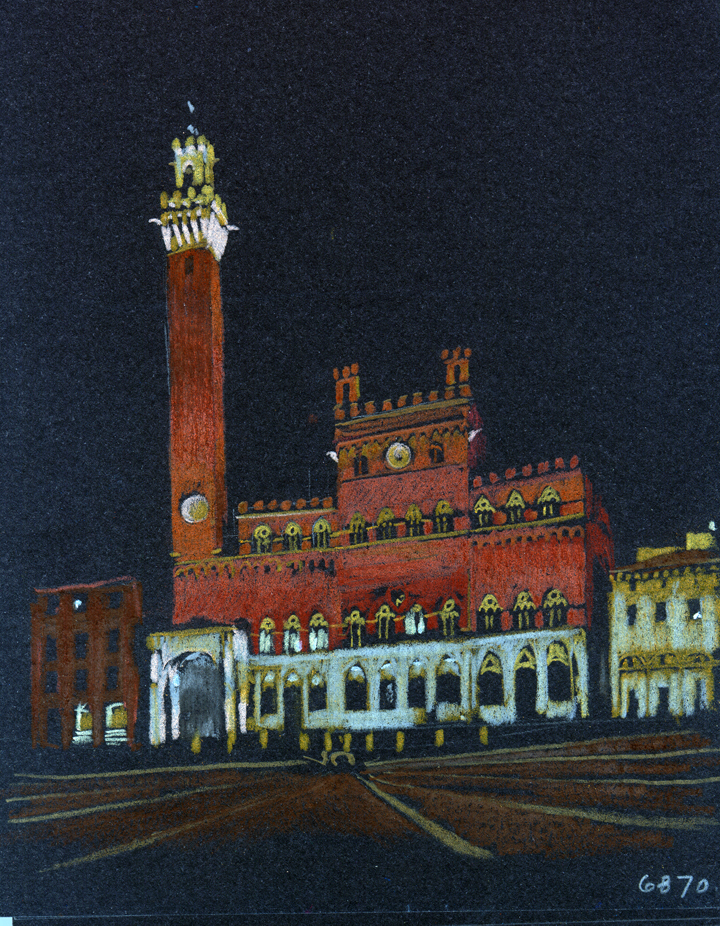 Nighttime sketch of the Comune at Piazza del Campo Siena