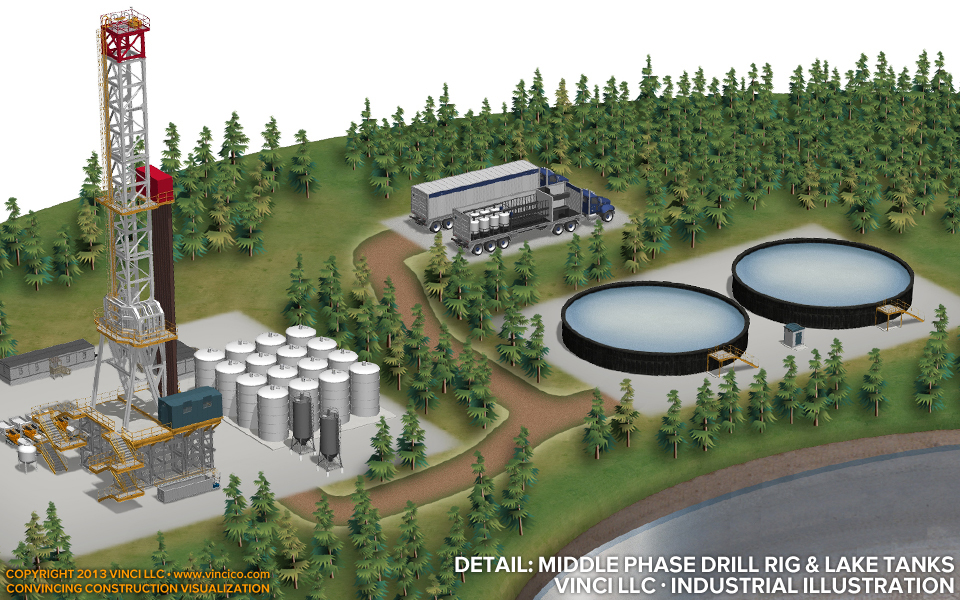 industrial illustration middle phase oil services drill rig detail